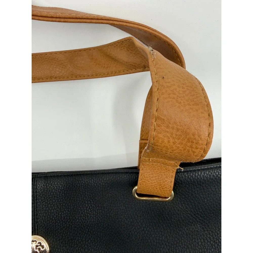 Black Pebbled Faux Leather Tote Bag Tan Straps Gold Medallion Accent Large